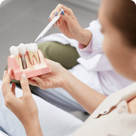 Dentist using smile model to explain the cost of dental implants