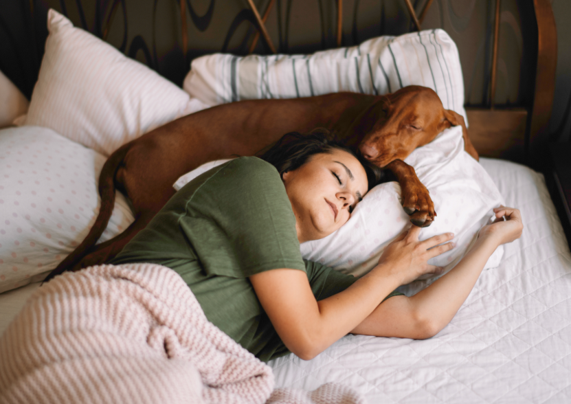 Woman sleeping with dog in bed